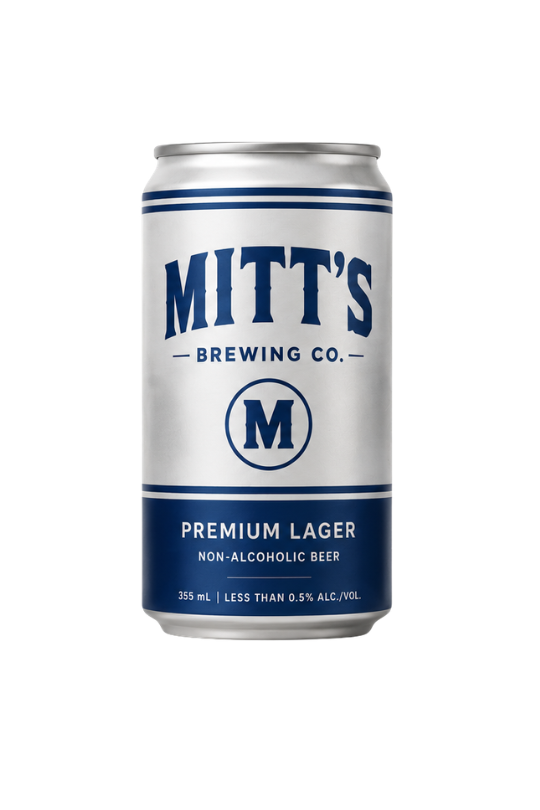 Mitt's Premium Lager silver and blue 355 mL can
