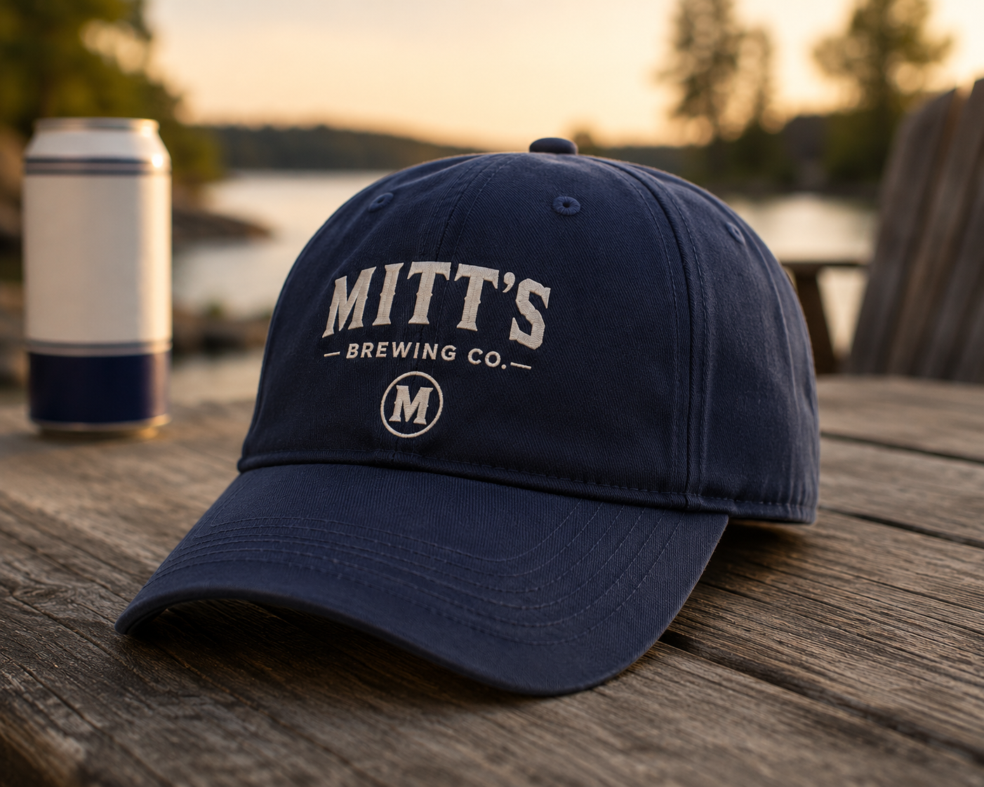 Navy Mitt's Brewing embroidered hat on a cottage table