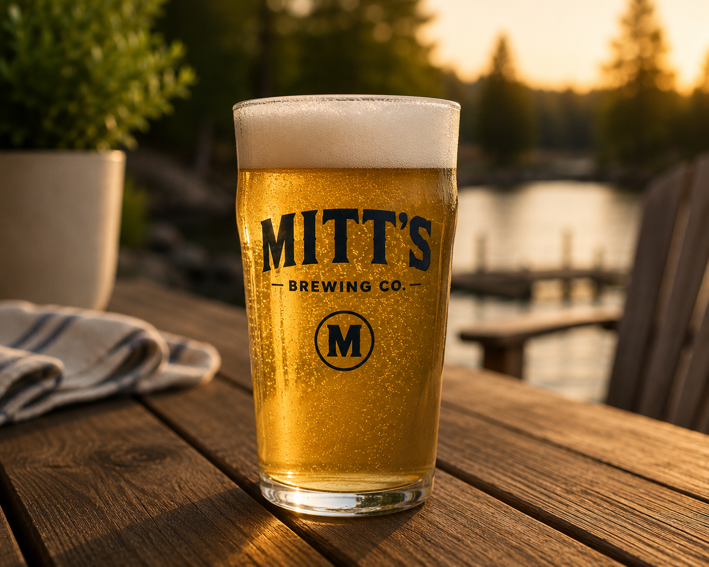 Cold pint of Mitt's lager beside the lake at sunset