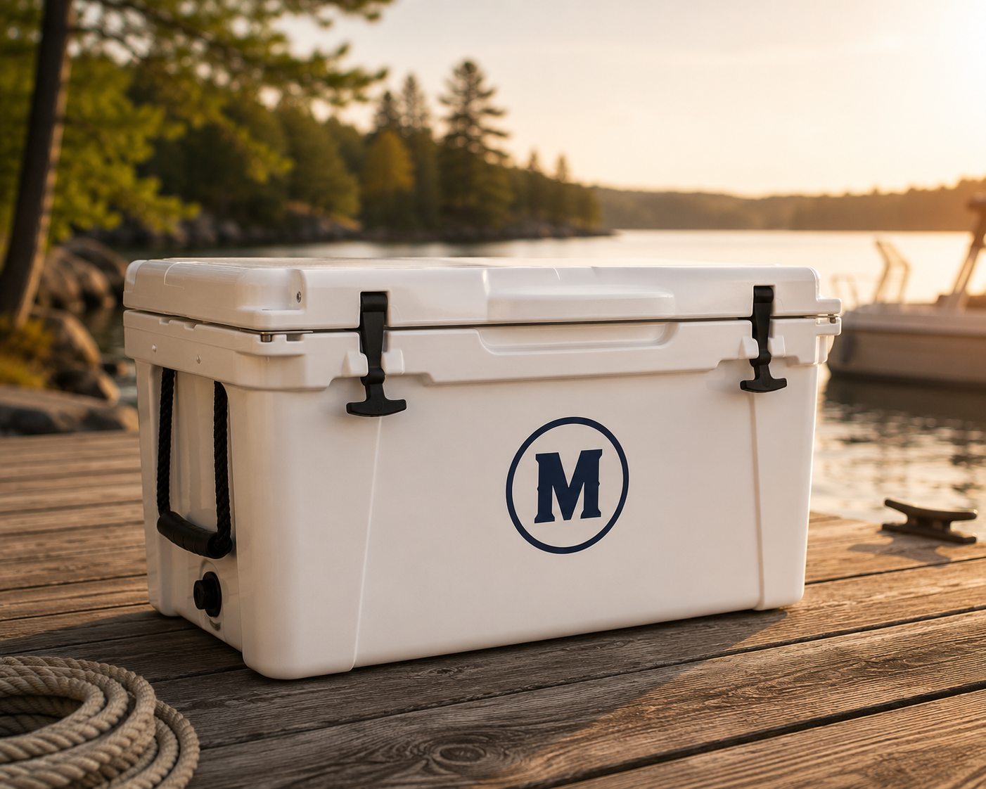 Mitt's Brewing marine cooler on a lakeside dock