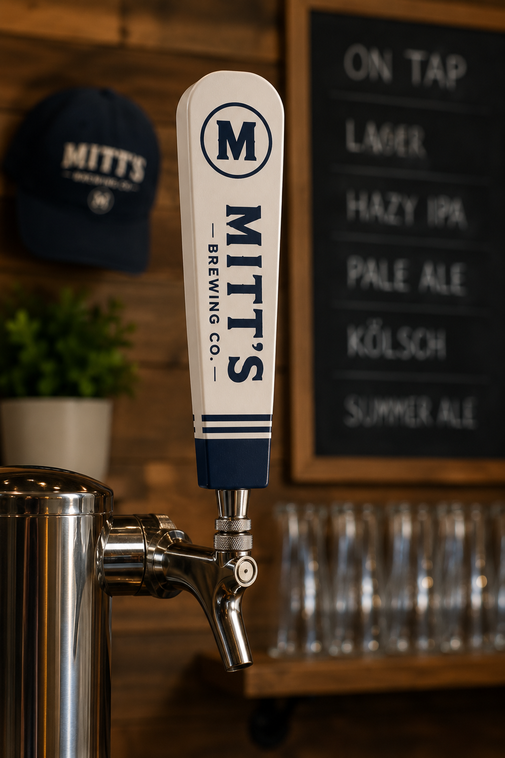 Mitt's Brewing tap handle in a warm bar