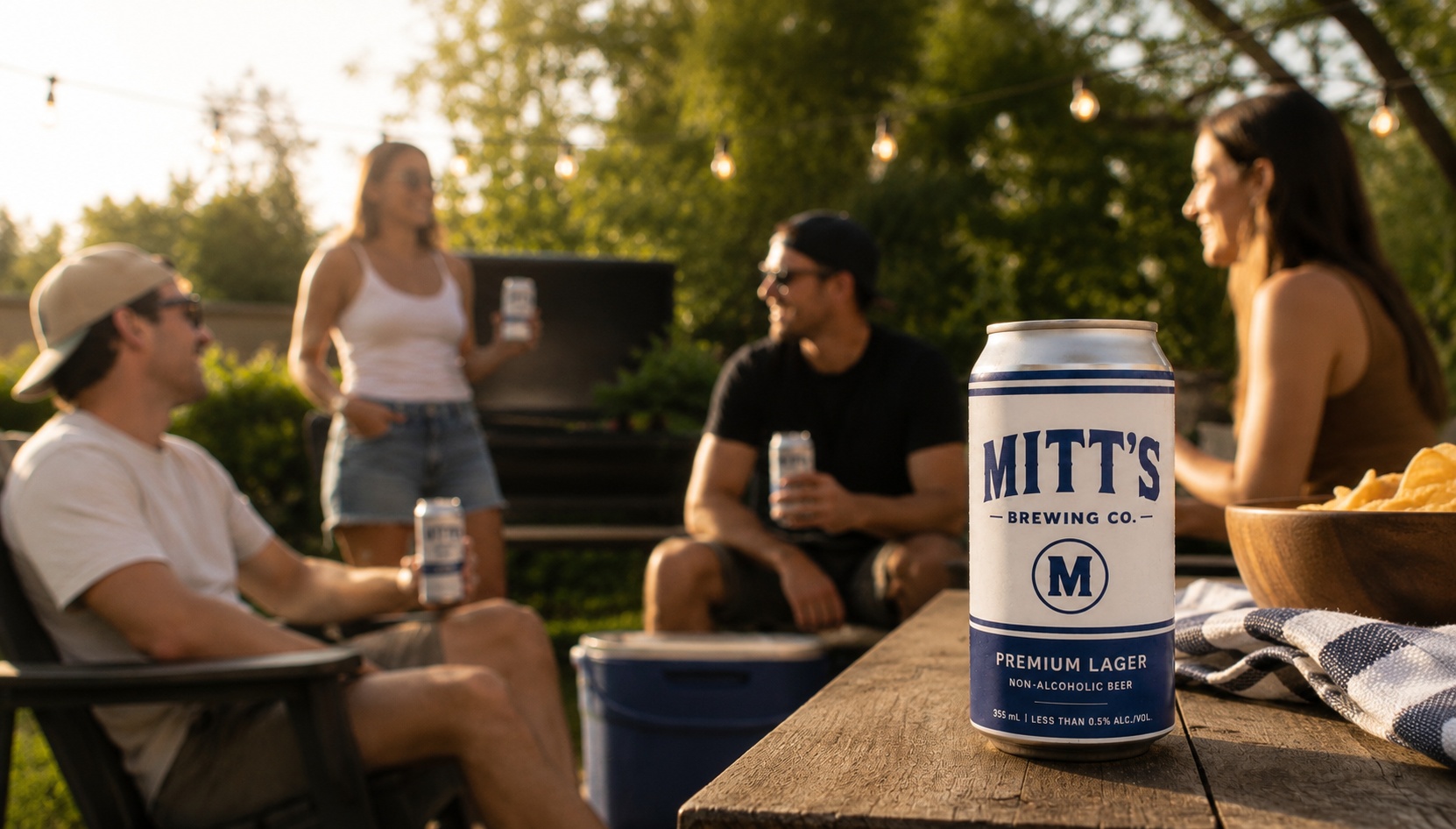 Friends sharing Mitt's Premium Lager at a relaxed backyard gathering
