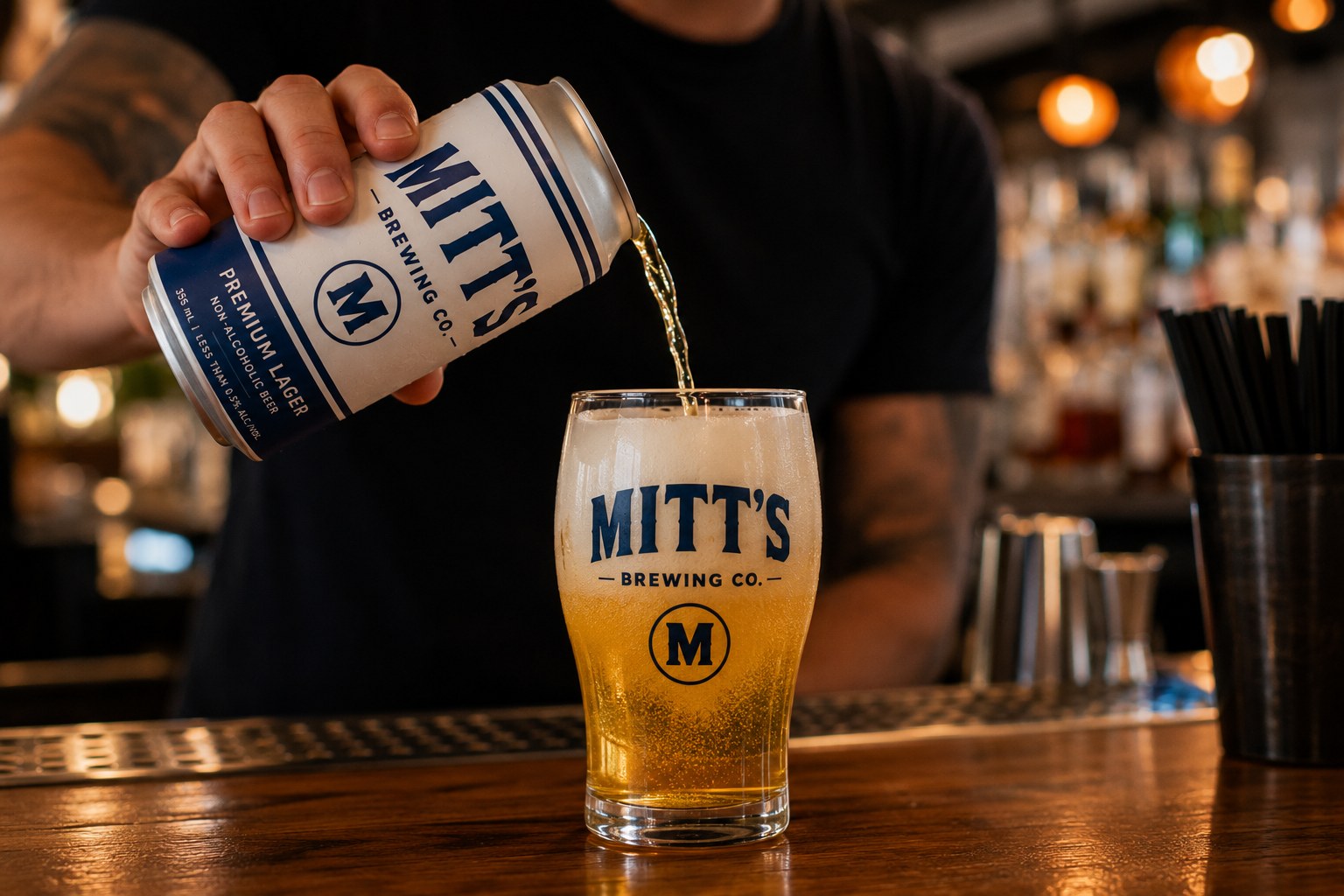 Mitt's Premium Lager being poured into a branded glass